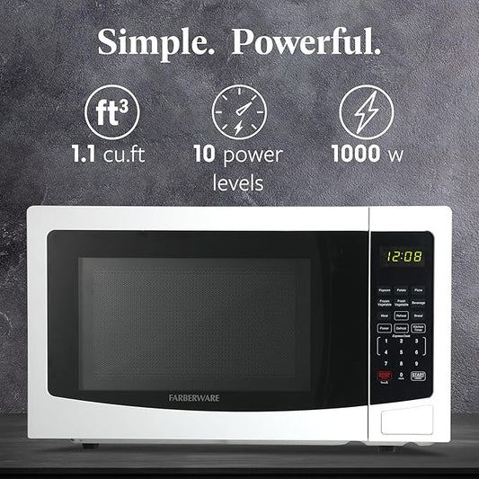 Farberware 1.1 Cu. Ft. Countertop Microwave Oven – 1000 Watts Power, Auto Cook Settings, Defrost, Easy Clean and Child Safety Lock-White