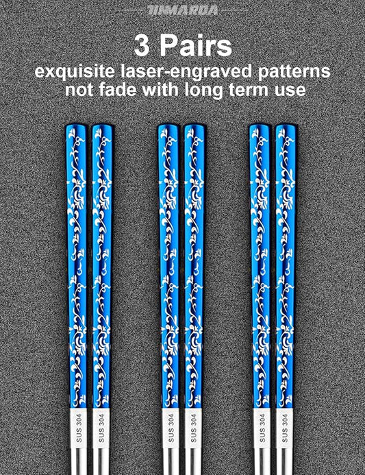 TINMARDA Metal Chopsticks Reusable, 3 Pairs Non-Slip Chop Sticks Reusable Dishwasher Safe, Titanium Plated Stainless Steel Chopsticks Present Set (Blue Silver)
