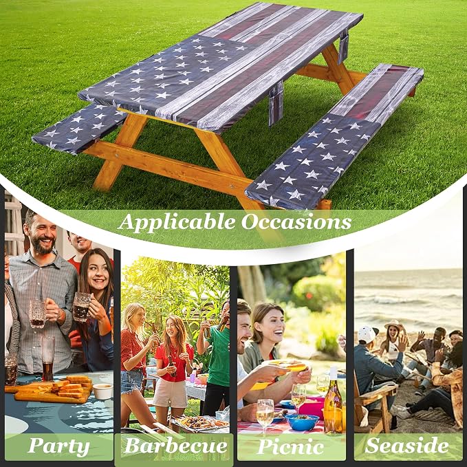 Fitted Picnic Table Cover with Bench Covers Waterproof Elastic Edges Rectangle Patio Tablecloth Outdoor Camping Essentials Stuff Rv Accessories Summer Trip Travel Supplies Party Camper Gifts, 8 ft