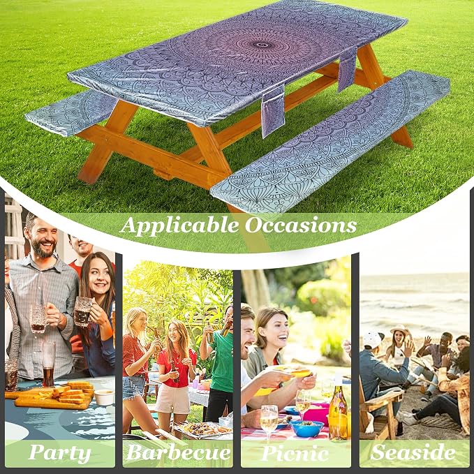 Wrakus Picnic Table Cover with Bench Covers Vinyl Elastic Edges Fitted Rectangle Seat Tables Waterproof 3-Piece72X30in Set Outdoor Rectangular Folding Backing Tablecloth for Camping Over Size