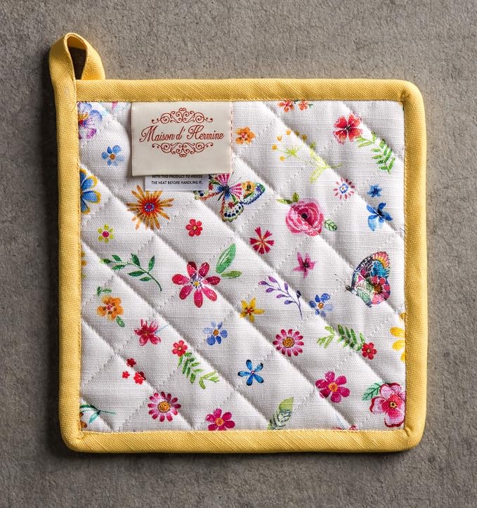 Maison d' Hermine Pot Holders 100% Cotton Potholders (8" x 8", Pack of 2) | Heat Resistant Hot Pads with Loop BBQ Cooking Farmhouse Kitchen Handling Hot Pans Spring Summer - Happy Florals - Sweety