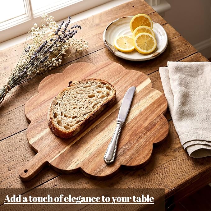 Havawish Scalloped Acacia Wood Boards Wooden Cutting Board for Bread Meat Cutting Boards Fruit Cheese Serving Butcher Block Supplies 11.81 x 11.81 x 0.63 Inches