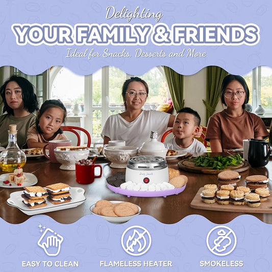 Party Desserts Electric Smores Maker Tabletop Indoor Kit, Indoor Marshmallow Roaster, Smores Station with 4 Compartment Trays & Forks, Great Gift for Adults and Kids in Holidays and Parties (Lavander)