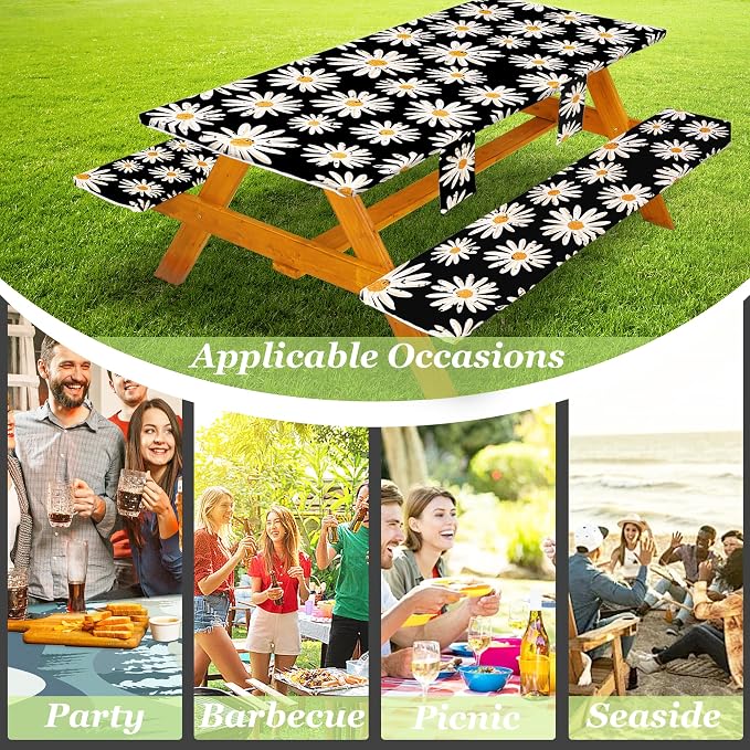 Fitted Picnic Table Cover with Bench Covers, Windproof Vinyl Table Cloths Outside Camping Cooking Backyard Furniture Seat Cushion Tablecloth Activities Party Decor Decorations Para Acampar Equipment