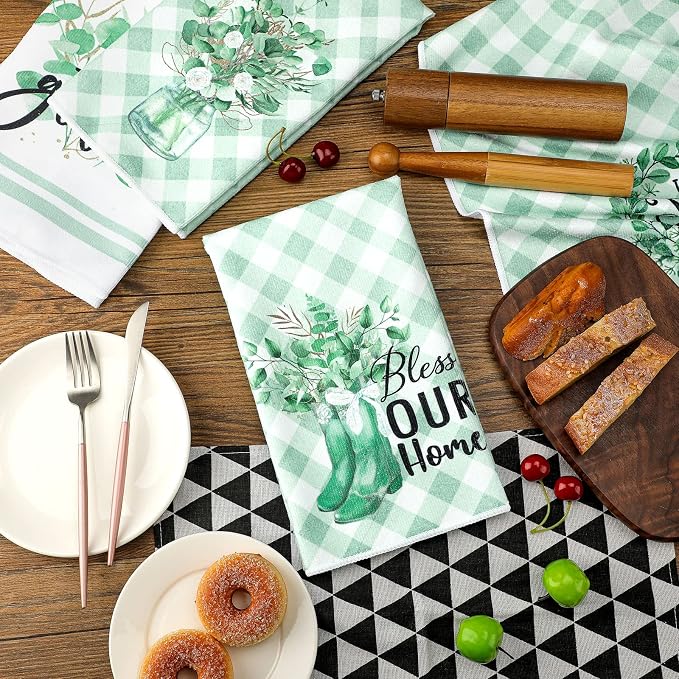 Set of 6 Eucalyptus Kitchen Towels Green Leaves Dishtowels Absorbent Spring Summer Hand Tea Towels 24 x 16 Inch Eucalyptus Lover Gifts Holiday Wedding Gifts for Farmhouse Kitchen Bathroom Decor