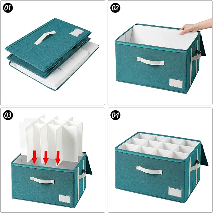 Stemware Storage Cases,Wine Glass Storage Box,with Dividers,Holds 12 Red or White Wine Glasses, Durable Glassware Storage Containers for Crystal or Stemware (Green white, 2 Stemware storage cases)