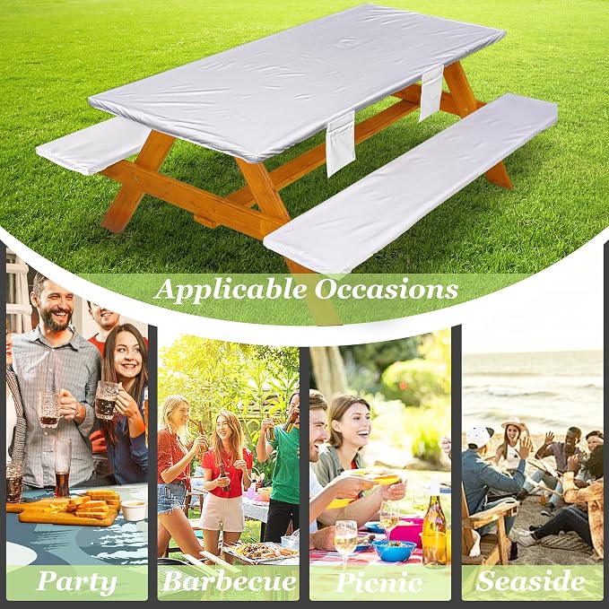 Wrakus Picnic Table Cover with Bench Covers Vinyl Elastic Edges Fitted Rectangle Seat Tables Waterproof 3-Piece72X30in Set Outdoor Rectangular Folding Backing Tablecloth for Camping Over Size