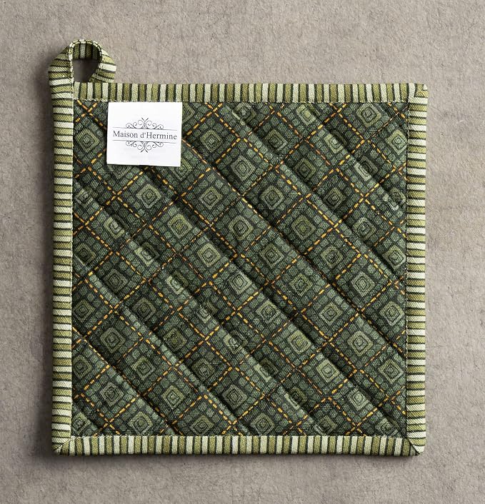 Maison d' Hermine Pot Holders 100% Cotton Potholders (8" x 8", Pack of 2) | Heat Resistant Hot Pads with Loop BBQ Cooking Kitchen Handling Hot Pans Thanksgiving Christmas - Pumpkin Garden - Dark Green