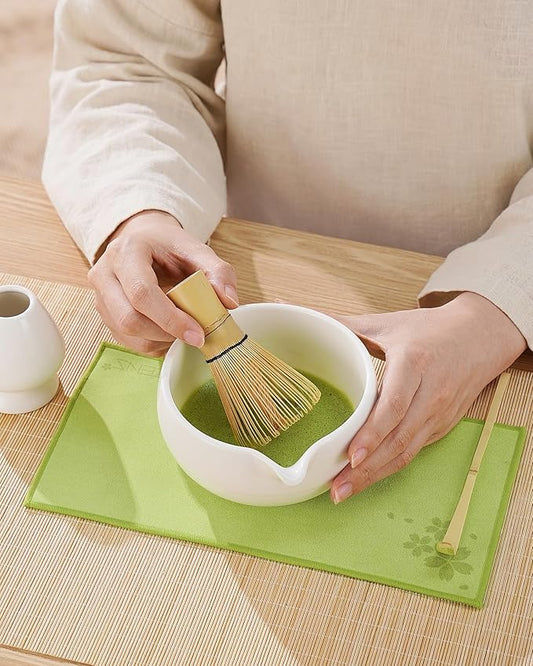 ZENS Matcha Whisk Set, 6pcs Matcha Kit Includes Ceramic Bowl, Handcrafted Bamboo Whisk and Chasen Holder, Scoop, 304 Sifter & Tea Mat,Matcha Set for Tea Ceremony,Latte Making, White