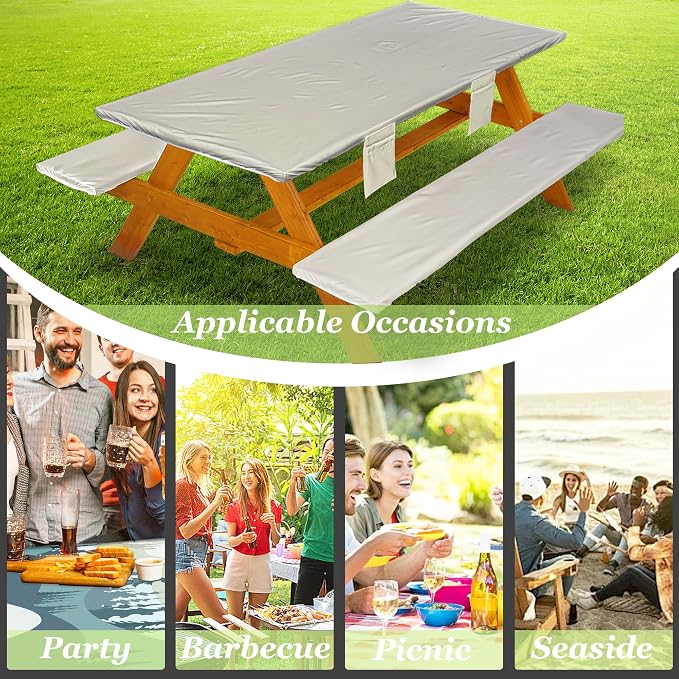 Wrakus Picnic Table Cover with Bench Covers Vinyl Elastic Edges Fitted Rectangle Seat Tables Waterproof 3-Piece96X30in Set Outdoor Rectangular Folding Backing Tablecloth for Camping Over Size