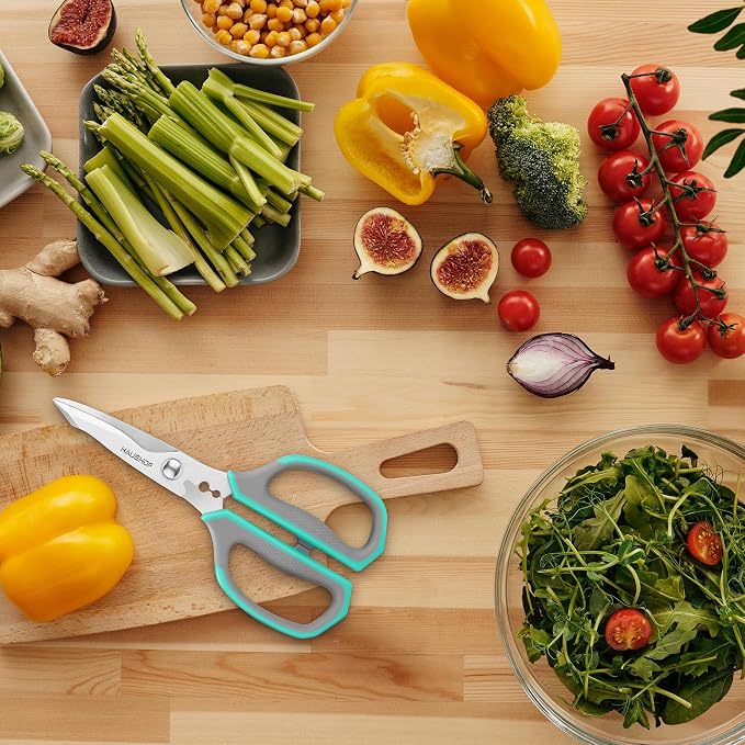 HAUSHOF Kitchen Scissors for Food, 8-1/4" Kitchen Scissors All Purpose | Heavy Duty Kitchen Shears, Sharp Stainless Steel Shears, Soft Grip, U-Groove, Food Scissors for Meat, Vegetables, Fine Bones