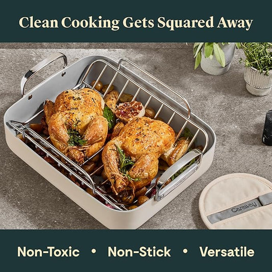 Caraway Roasting Pan - 16x13” Roasting Pan with Rack - Non-Stick Ceramic Coated - Non Toxic, PTFE & PFOA Free - Oven Safe & Compatible with All Stovetops - Gray