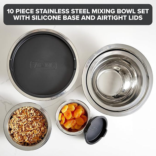 VIKING Mixing Bowls Set, 10 Piece Stainless Steel Kitchen Cookware, Non-Slip Silicone Base, Includes Tight Fit Lids, Dishwasher Safe, Black