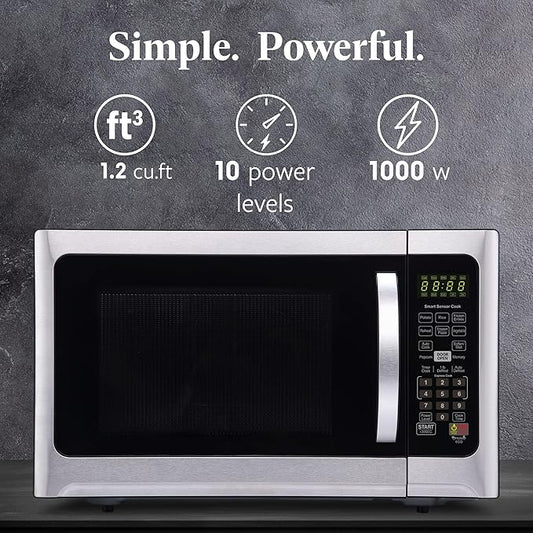 Farberware 1.2 Cu. Ft. Countertop Microwave Oven – 1000 Watts Power, Smart Sensor Auto Cook Settings, Defrost, Easy Clean and Child Safety Lock - Stainless