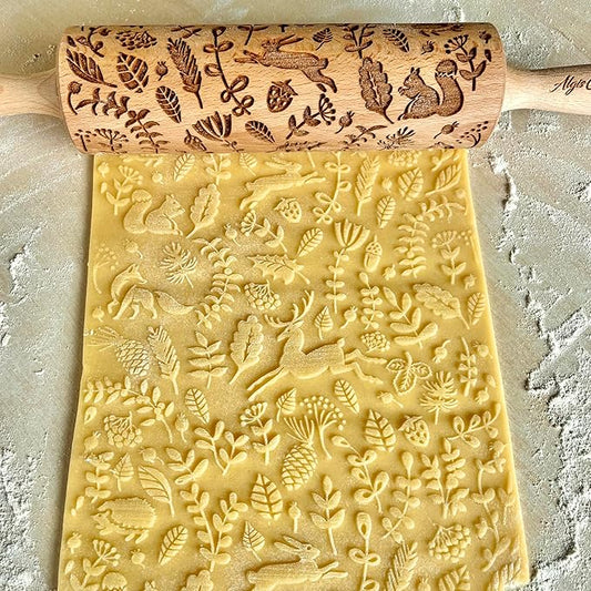 FOREST ANIMALS Embossing Rolling Pin. Laser Engraved Dough Roller for Embossed Cookies Fondant or Pottery by Algis Crafts