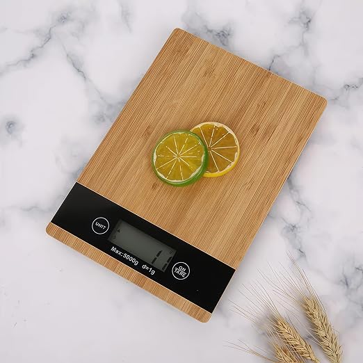 Digital Kitchen Scale with Bamboo Surface – 11lb/5kg Capacity, Touch Buttons, Tare Function, LCD Display, Auto-Off