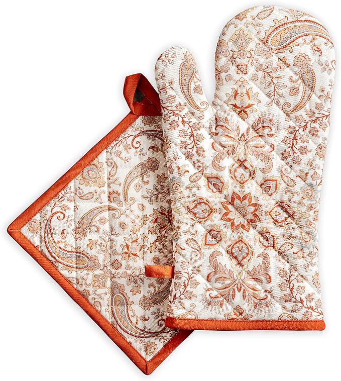 Maison d' Hermine 100% Cotton Oven Mitt & Pot Holder Set (7.5"x13" & 8"x8") | Heat Resistant BBQ Cooking Gloves with Loop Baking Grilling Kitchen Hotel Home Farmhouse Thanksgiving Christmas - Cachemire