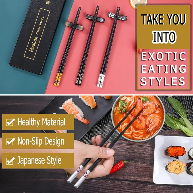 Fiberglass Chopsticks Series - Japanese Non-Slip Chopstick, Reusable Chop Sticks Dishwasher Safe, 5 Pairs, Gift Set, 9.9 Inches, Spring Flower