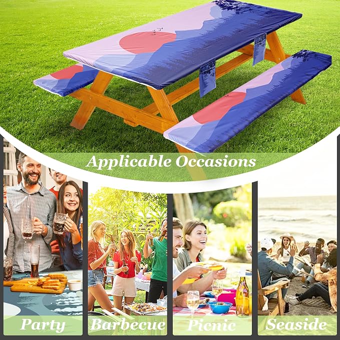 Fitted Picnic Table Cover with Bench Covers, Windproof Vinyl Table Cloths Outside Camping Cooking Backyard Furniture Seat Cushion Tablecloth Activities Party Decor Decorations Para Acampar Equipment