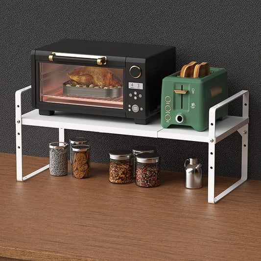 Expandable Kitchen Cabinet Shelf Organizers, Stackable Metal Pantry Storage Shelves Rack, Adjustable Counter Spice Shelf for Cabinets, Countertop, Cupboard Organizers and Storage, White