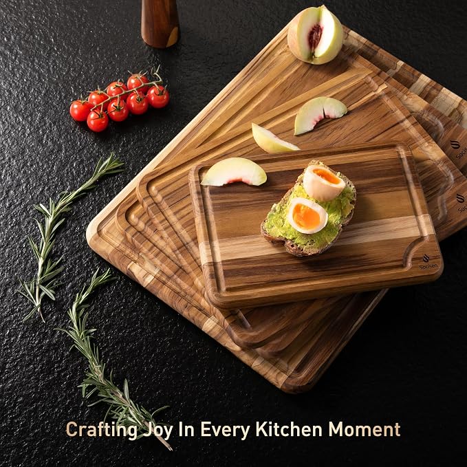 4 Pack Teak Wood Cutting Board Set for Kitchen Heavy Duty Non Toxic Non Slip Solid Thick Wood Haus Chopping Board Extra Large Big Small Meat Best Essential House Warming Hostess Host Gift