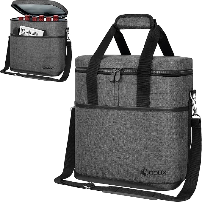 opux 6 Bottle Carrier Tote | Insulated Padded Wine Cooler Bag for Travel. Picnic, BYOB | Portable Leakproof Wine Tote Bag for Dinner, Party, Christmas, Wine Gift for Women, Men (Charcoal Gray)