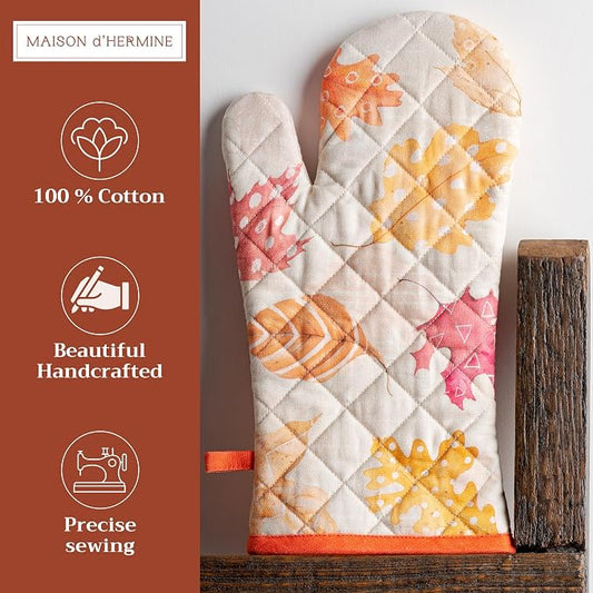 Maison d'Hermine Oven Gloves 100% Cotton Oven Mitt (7" x 13", Pack of 1) | With Loop Heat Resistant BBQ Cooking Gloves Baking Kitchen Handling Hot Pans Thanksgiving Christmas - Colours Of Autumn