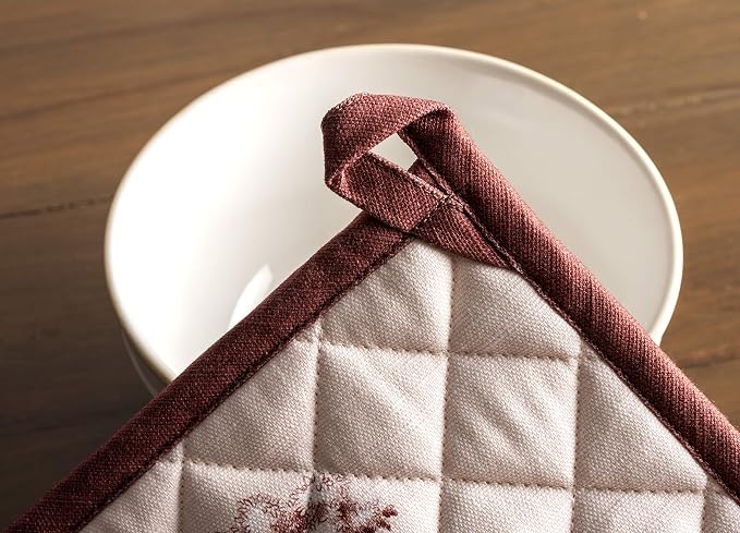 Maison d' Hermine 100% Cotton Oven Mitt & Pot Holder Set (7.5"x13" & 8"x8") | Heat Resistant BBQ Cooking Gloves with Loop Baking Kitchen Hotel Home Farmhouse Thanksgiving Christmas - Holy Jouy - Brown