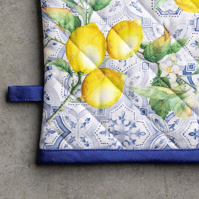 Maison d' Hermine 100% Cotton Oven Mitt & Pot Holder Set (7.5"x13" & 8"x8") | Heat Resistant BBQ Cooking Gloves with Loop Baking Grilling Kitchen Hotel Home Farmhouse Spring Summer - Citrus
