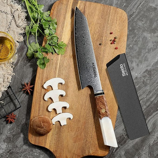Seido Knives Kiritsuke Damascus Steel Chef Knife Epoxy Resin Stabilized Wood Handle Professional Kitchen Knife VG10 High Carbon Stainless Steel, Pearl White