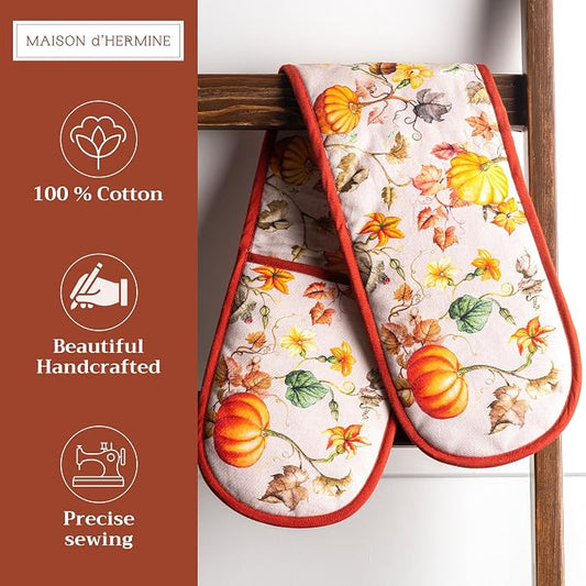 Maison d' Hermine Double Oven Mitts 100% Cotton Double Oven Glove (7"x35") | Heat Resistant BBQ Cooking Gloves with Loop Baking Kitchen Home Hotel Farmhouse Thanksgiving Christmas - Potiron