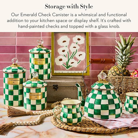 MACKENZIE-CHILDS Large Enamel Canister, Kitchen Storage Container with Lid, Green-and-White Emerald Check