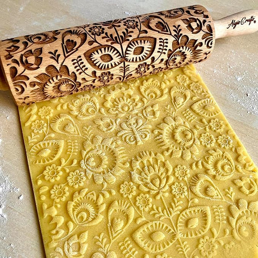 FOLK Embossed Rolling Pin. Wooden Embossing Rolling Pin With Folksy Flowers for Pottery and Cookies by Algis Crafts