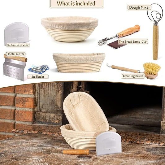 Sourdough Bread Baking Supplies Starter Kit, Banneton Proofing Basket Set: Round 9" & Oval 10", Gift Set
