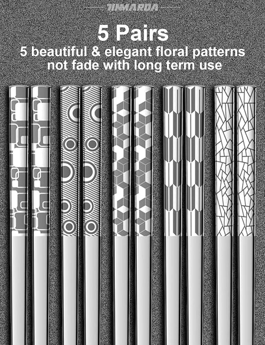 TINMARDA Metal Chopsticks Reusable 18/8 Stainless Steel Chopstick Sleek Engraving Patterns Chop Sticks Reusable Dishwasher Safe Non-Slip Japanese Korean ChopStick 5 Pairs Present Set