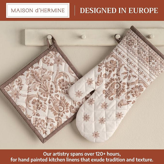 Maison d' Hermine 100% Cotton Oven Mitt & Pot Holder Set (7.5"x13" & 8"x8") | Heat Resistant BBQ Cooking Gloves with Loop Baking Grilling Kitchen Hotel Home Farmhouse Thanksgiving Christmas - Allure