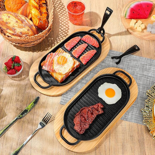 4 Pcs Cast Iron Fajita Skillet Pan Set Sizzling Steak Plate with Wooden Base and Removable Handle Cast Iron Grill Frying Pan for Home Restaurant Kitchen Cooking (12 x 6.3 Inch)
