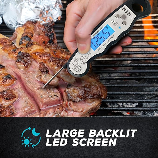 Kizen Instant Read Meat Thermometer Digital - Food Thermometer for Cooking, Grill, Oven, BBQ - Waterproof and Backlit Display - Kitchen Gadgets