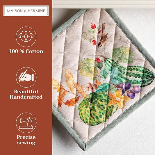 Maison d' Hermine Pot Holders 100% Cotton Potholders (8" x 8", Pack of 2) | Heat Resistant Hot Pads with Loop BBQ Cooking Baking Hotel Kitchen Handling Hot Pans Thanksgiving Christmas - Lumina