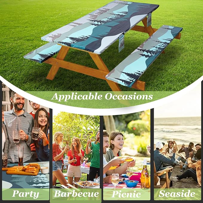 Fitted Picnic Table Cover with Bench Covers Waterproof Elastic Edges Rectangle Patio Tablecloth Outdoor Camping Essentials Stuff Rv Accessories Summer Trip Travel Supplies Party Camper Gifts, 8 ft