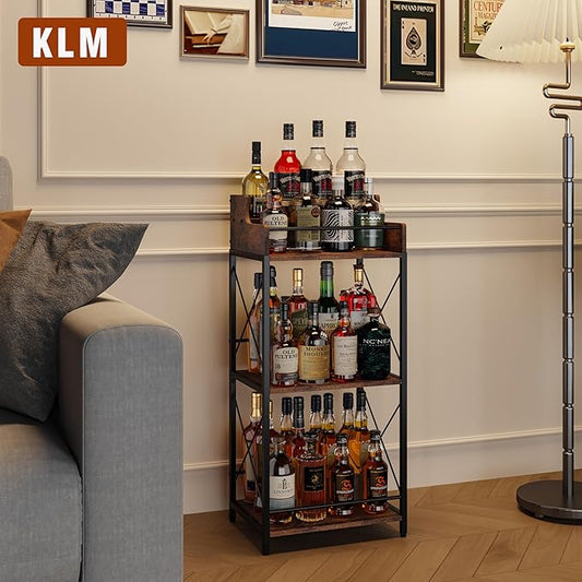 KLM Liquor Bottle Display Shelf, Coffee Syrup Rack Organizer, 3 Step Countertop Wine Rack, Mini Bar, Retro Bar Shelf Stand for Whiskey, Spirits.(Brown)