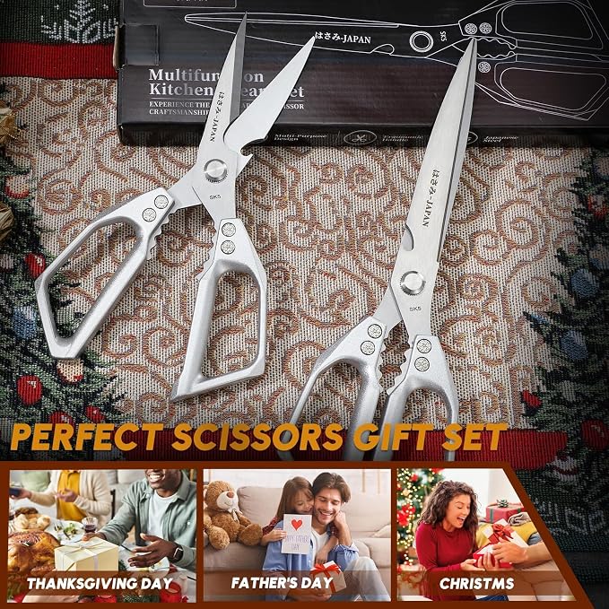Huusk Heavy Duty Kitchen Shears, 2 Pack Japanese Steel Kitchen Scissors | Multifunction Meat Scissors for Fish, Chicken Bones, Turkey, Ergonomic Comfortable Handles, Dishwasher Safe, Gifts for Women