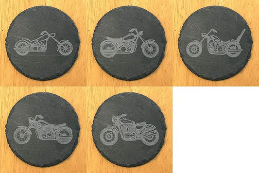 Gear Up Your Decor: Unique Motorcycle Coasters in Natural Slate - Round Slate - Set of 5