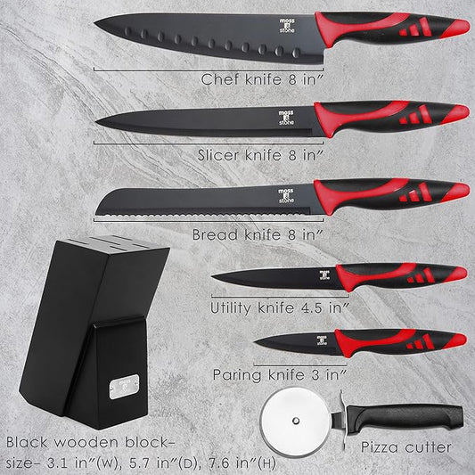 Moss & Stone 7-Piece Kitchen Knife Set with Block – Black Titanium Plated Stainless Steel Kitchen Knives, High Carbon Blades, Compact Cutlery Set for Home Cooking, Small Knife Set Black Wood Block
