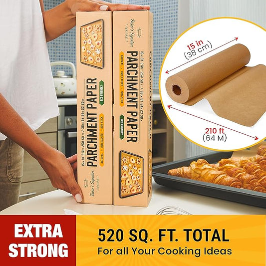 Unbleached Parchment Paper for Baking – 2-Pack 520 Sq.Ft Total - 15 in x 210 ft Baking Paper Roll with Cutter, Non-Stick Brown Parchment for Baking, Cooking, Grilling, Steaming by Baker’s Signature
