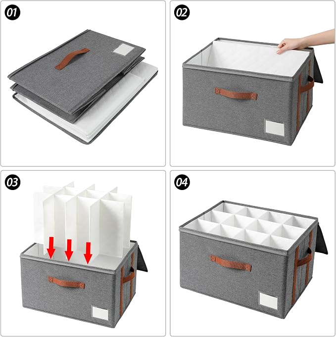 Stemware storage containers, wine glass storage box ,wine glass storage box with dividers,glass storage containers,Holds 12 Red or White Wine Glasses, Hard Top and Sides(Grey red,