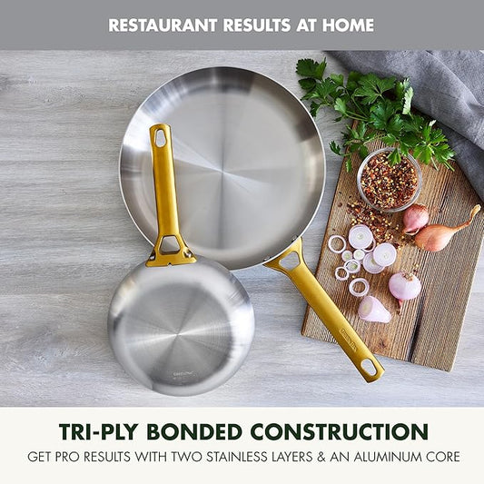 GreenPan Stainless Steel Tri-Ply Reserve 10” and 12” Frying Pan Skillet Set, Multiclad Cookware, PFAS-Free, Induction, Oven & Broiler Safe to 600°F, Heat Responsive Core, Dishwasher Safe, Gold Handles