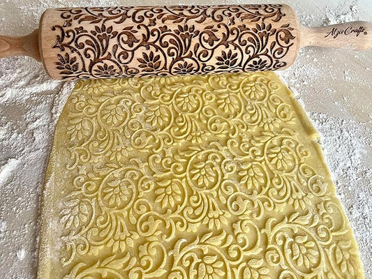 FLOWERING VINE Embossing Rolling Pin. Laser Engraved Dough Roller with Climbing Flowers Pattern for Embossed Cookies or Pottery by Algis Crafts