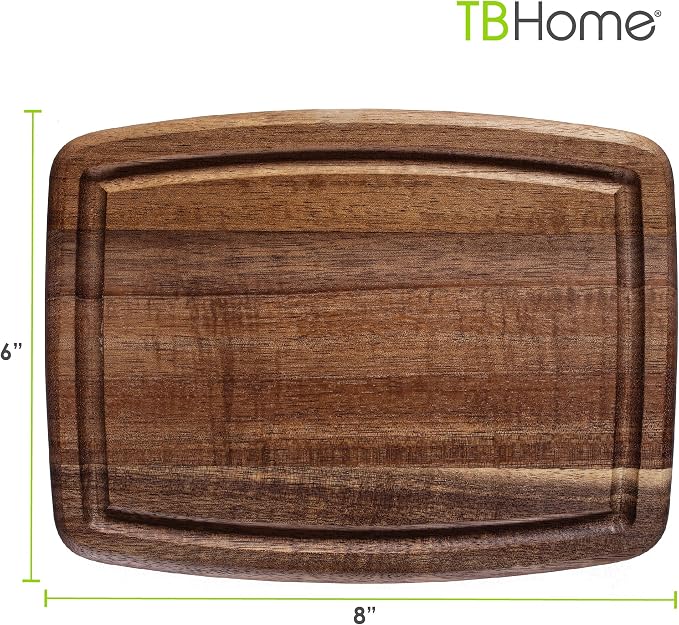 TB Home Acacia Wood Cutting Board with Juice Groove, Wooden Small Cutting Board for Kitchen, 8" x 6" x 5/8"