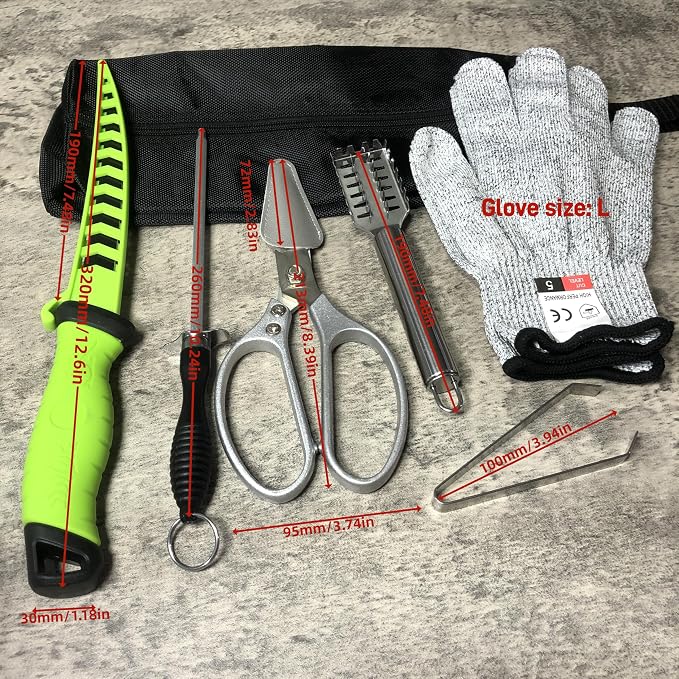 Fishing Knife Set, Fish Cleaning Kit, Filet Knife for Fish, Fish Scale Cleaning Brush, Multi-Functional Scissors, Gloves, Fishbone Tweezers, Storage Bag,Fishing Accessories,Fishing Tool Kit